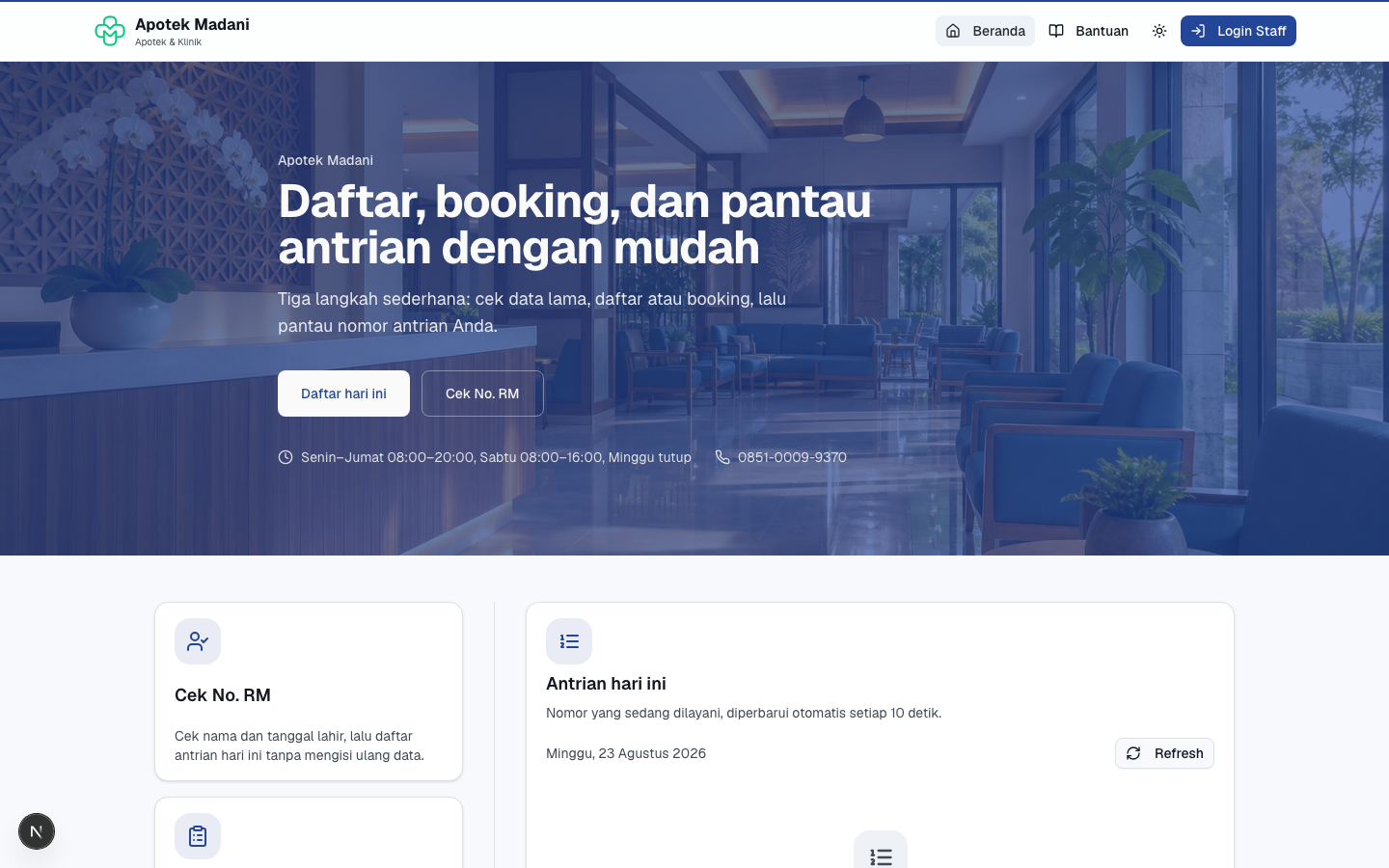 Beranda publik — daftar, booking, dan antrian hari ini